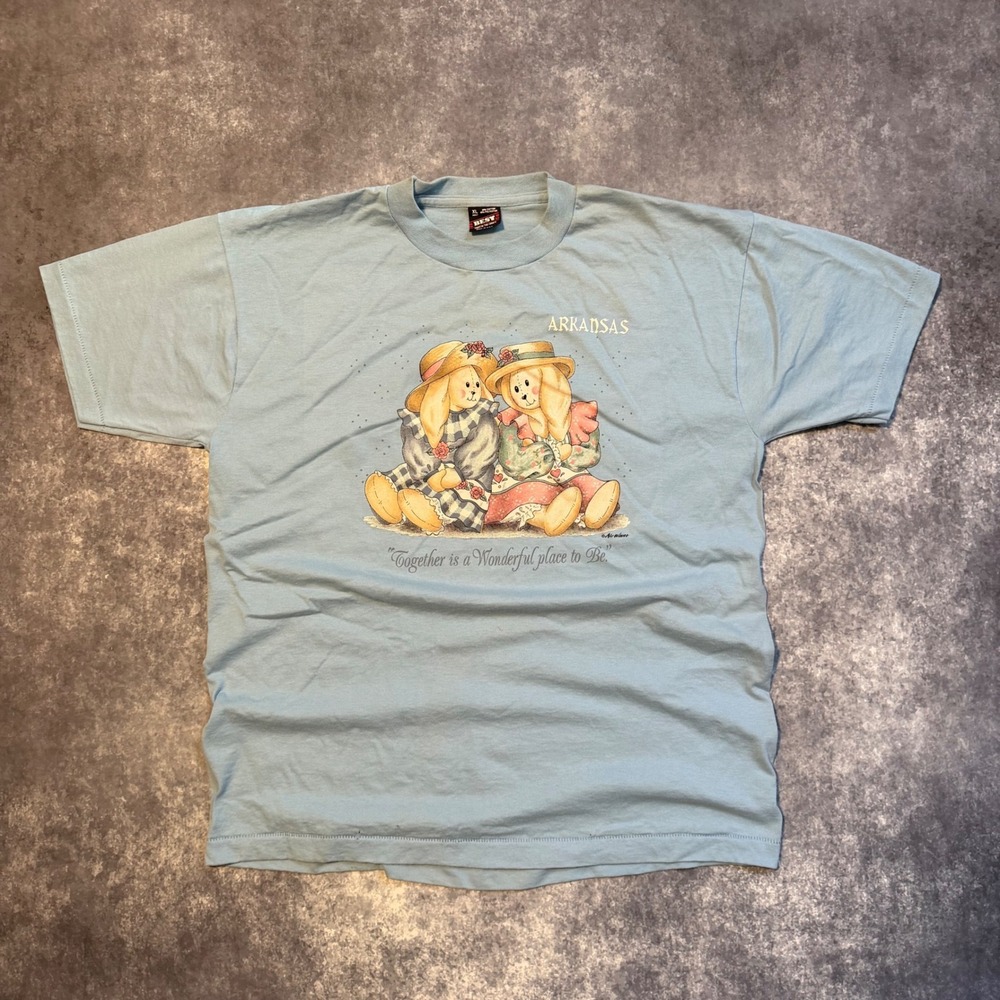 Vintage Granny Cottage Arkansas Bunny T-Shirt XL Blue Graphic Tee USA